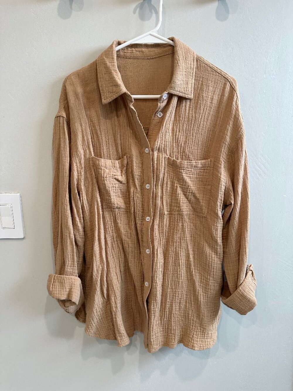 Women Button Down shirt V-Neck Blouse Long Size M